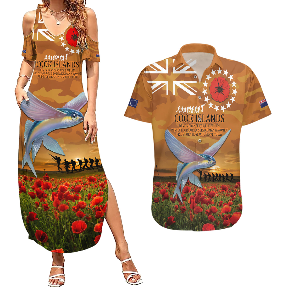 Cook Islands ANZAC Day Personalised Couples Matching Summer Maxi Dress and Hawaiian Shirt with Poppy Field LT9 Art - Polynesian Pride