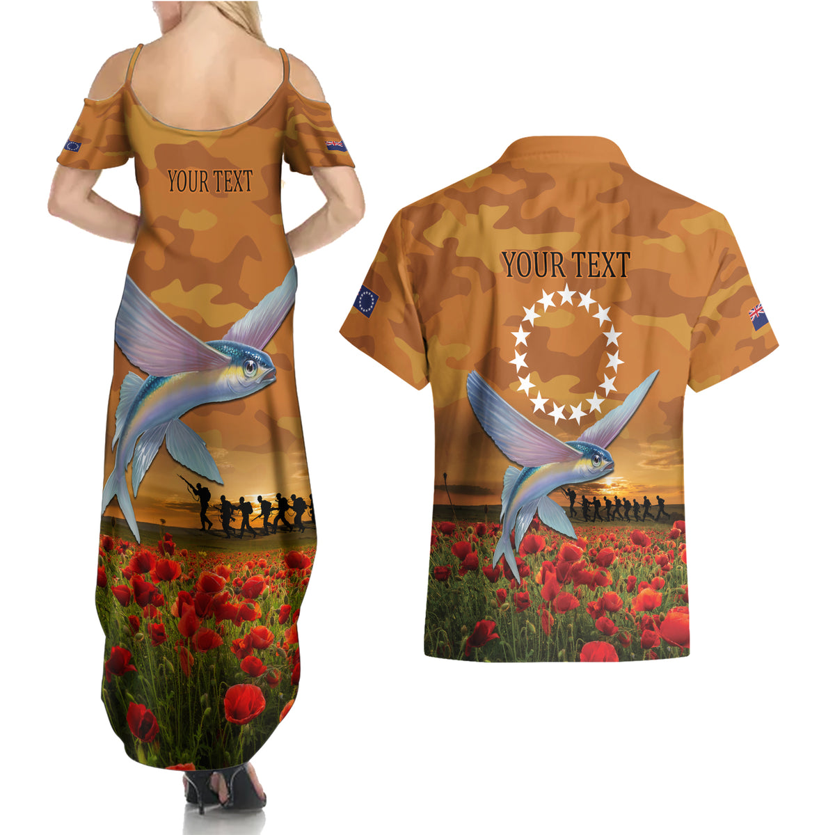 Cook Islands ANZAC Day Personalised Couples Matching Summer Maxi Dress and Hawaiian Shirt with Poppy Field LT9 - Polynesian Pride
