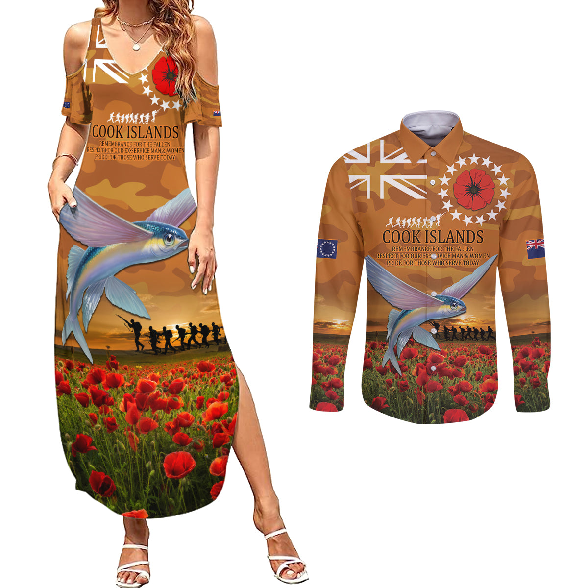 Cook Islands ANZAC Day Personalised Couples Matching Summer Maxi Dress and Long Sleeve Button Shirt with Poppy Field LT9 Art - Polynesian Pride
