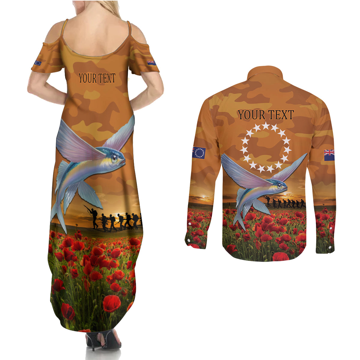 Cook Islands ANZAC Day Personalised Couples Matching Summer Maxi Dress and Long Sleeve Button Shirt with Poppy Field LT9 - Polynesian Pride