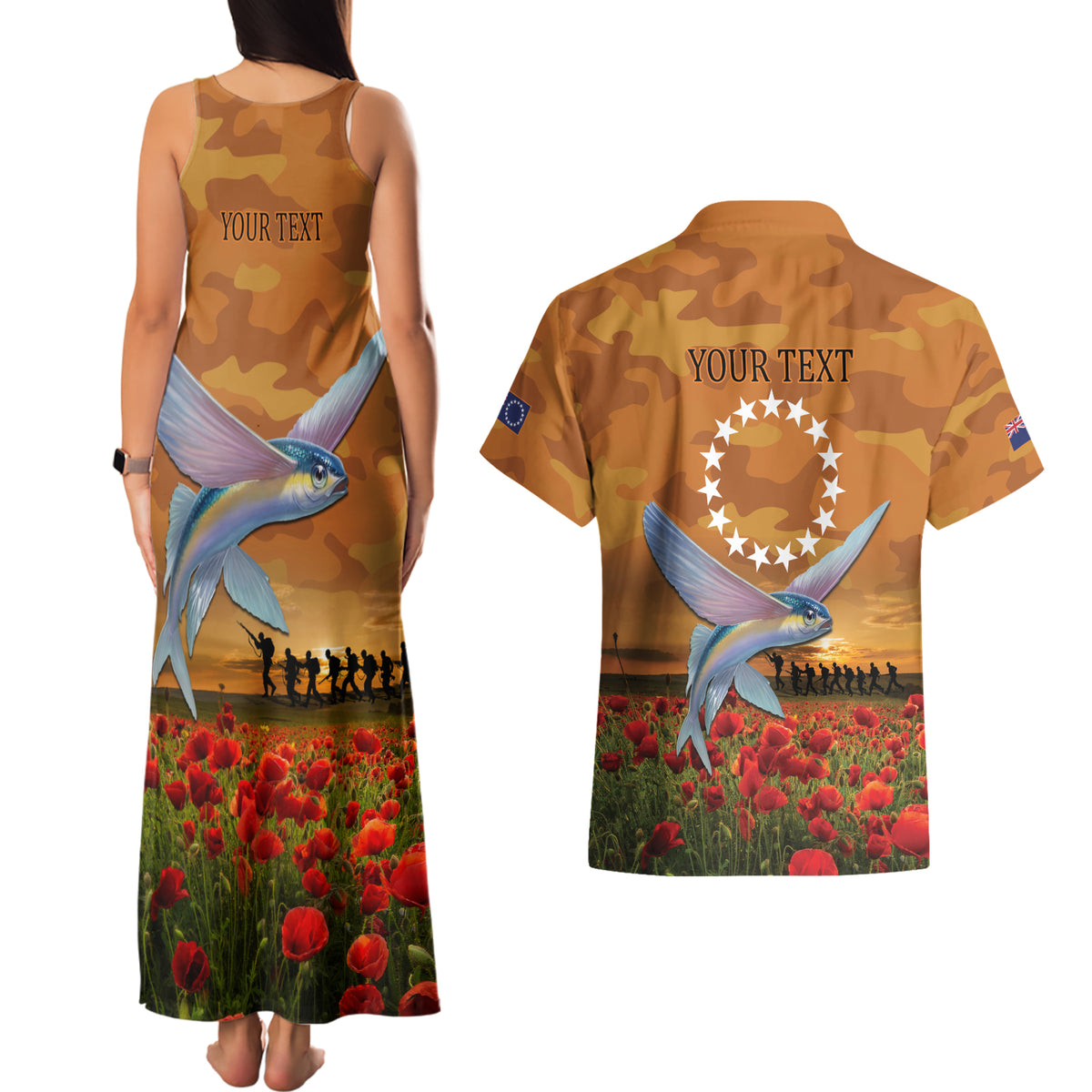 Cook Islands ANZAC Day Personalised Couples Matching Tank Maxi Dress and Hawaiian Shirt with Poppy Field LT9 - Polynesian Pride