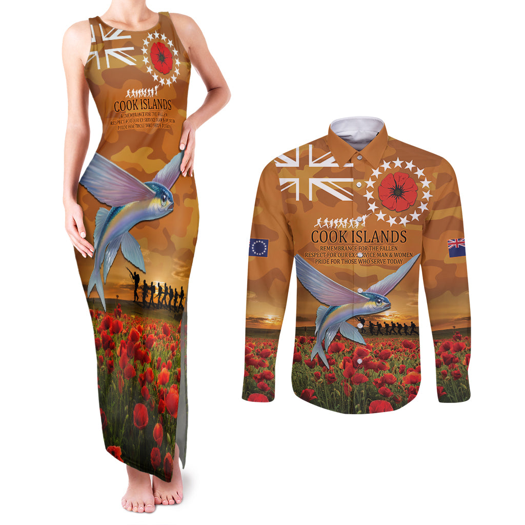 Cook Islands ANZAC Day Personalised Couples Matching Tank Maxi Dress and Long Sleeve Button Shirt with Poppy Field LT9 Art - Polynesian Pride