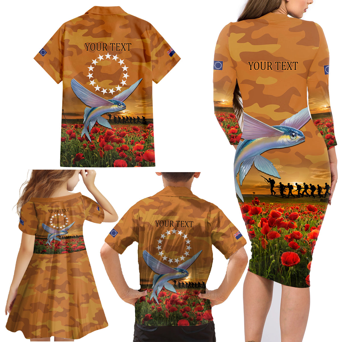 Cook Islands ANZAC Day Personalised Family Matching Long Sleeve Bodycon Dress and Hawaiian Shirt with Poppy Field LT9 - Polynesian Pride