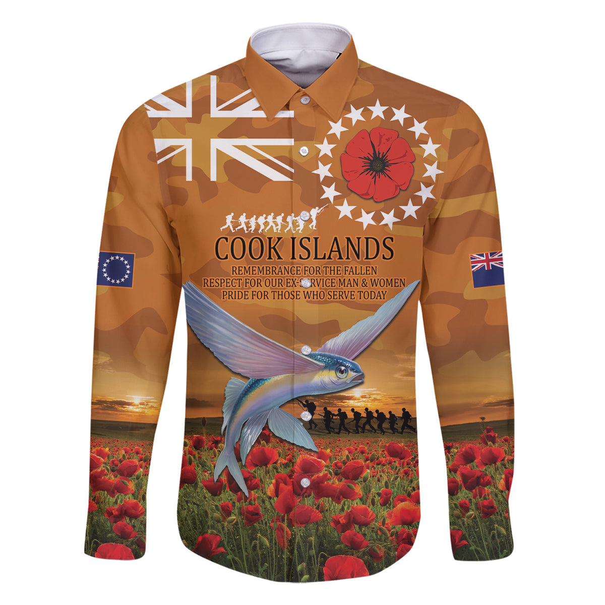 Cook Islands ANZAC Day Personalised Family Matching Off Shoulder Long Sleeve Dress and Hawaiian Shirt with Poppy Field LT9 Dad's Shirt - Long Sleeve Art - Polynesian Pride