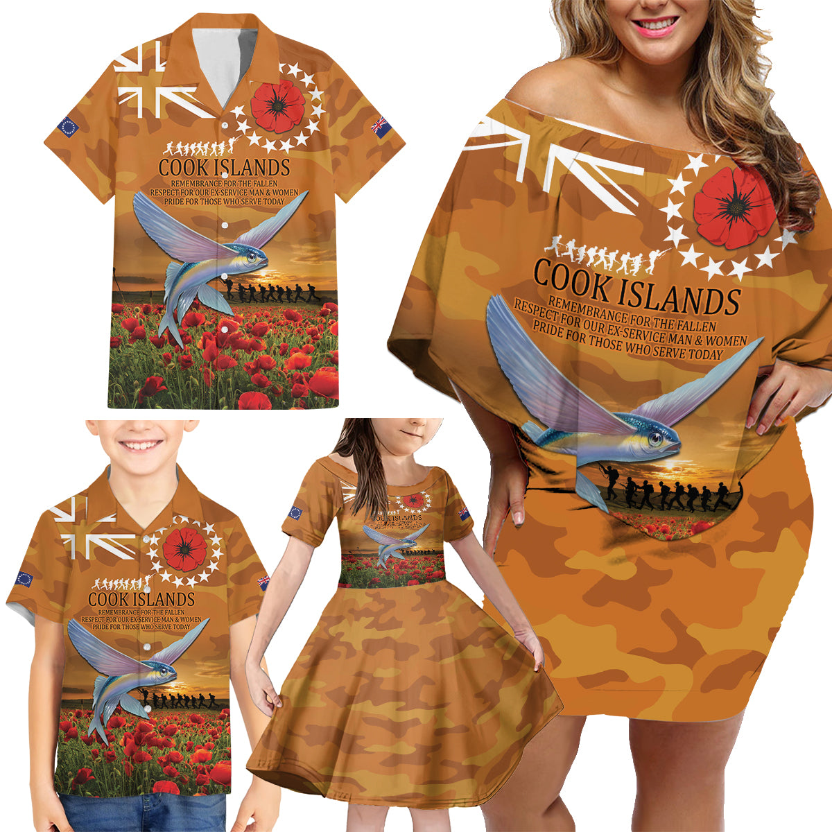 Cook Islands ANZAC Day Personalised Family Matching Off Shoulder Short Dress and Hawaiian Shirt with Poppy Field LT9 - Polynesian Pride