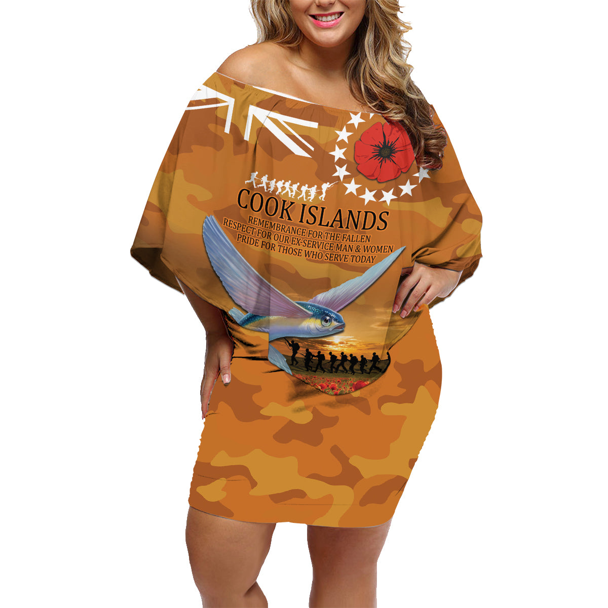 Cook Islands ANZAC Day Personalised Family Matching Off Shoulder Short Dress and Hawaiian Shirt with Poppy Field LT9 Mom's Dress Art - Polynesian Pride