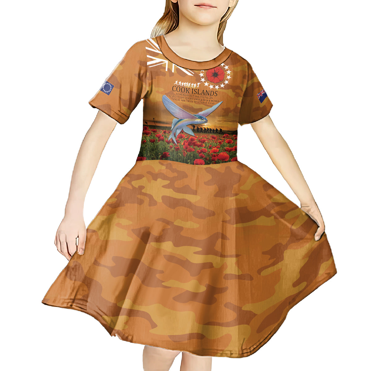 Cook Islands ANZAC Day Personalised Kid Short Sleeve Dress with Poppy Field LT9 - Polynesian Pride