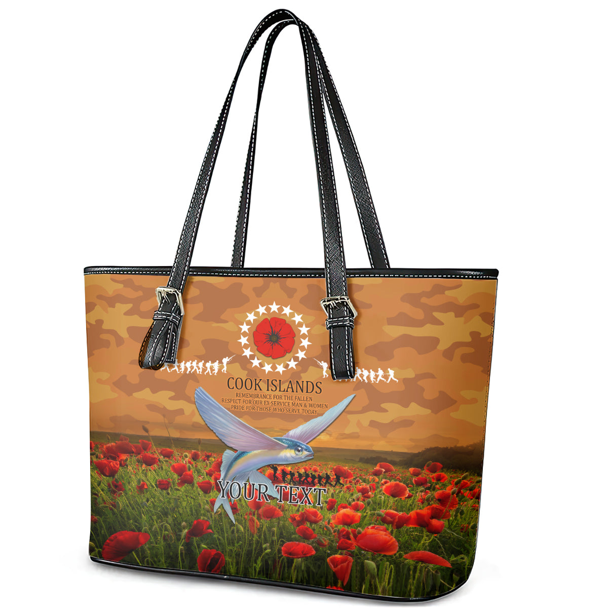 Cook Islands ANZAC Day Personalised Leather Tote Bag with Poppy Field LT9 - Polynesian Pride