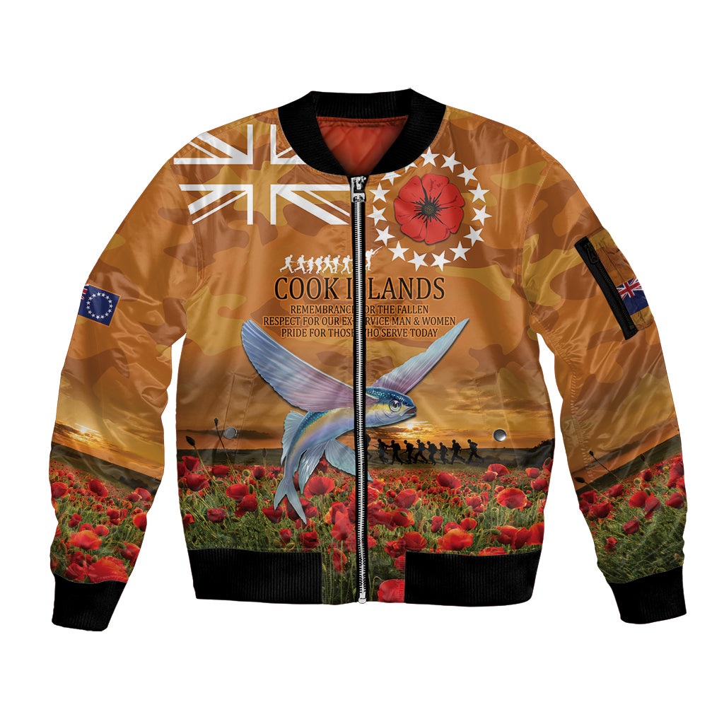 Cook Islands ANZAC Day Personalised Sleeve Zip Bomber Jacket with Poppy Field LT9 Unisex Art - Polynesian Pride