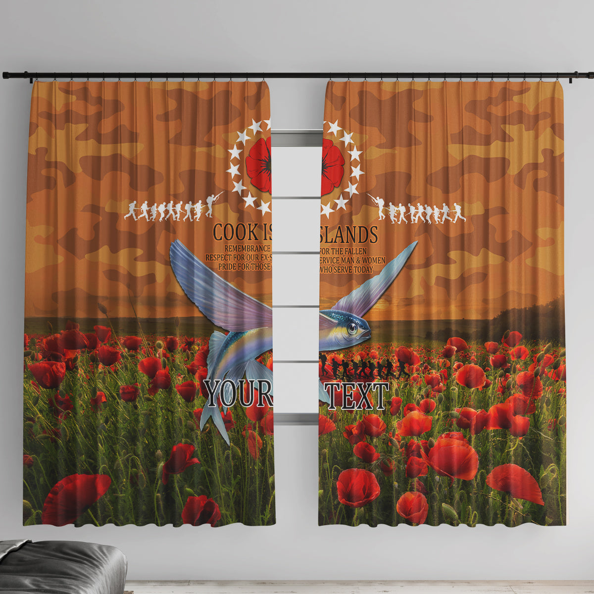 Cook Islands ANZAC Day Personalised Window Curtain with Poppy Field LT9 With Hooks Art - Polynesian Pride