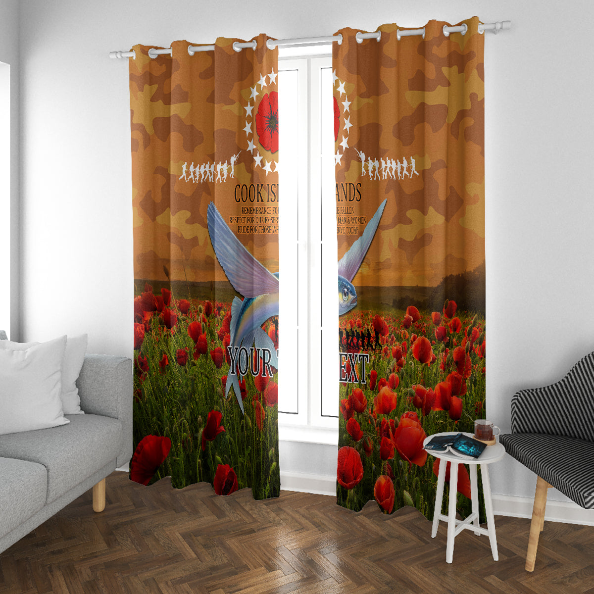 Cook Islands ANZAC Day Personalised Window Curtain with Poppy Field LT9 With Grommets Art - Polynesian Pride