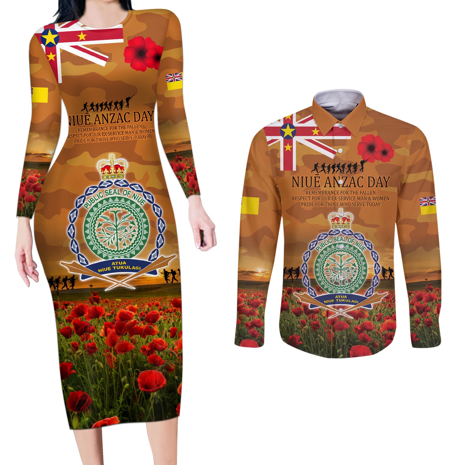 Niue ANZAC Day Personalised Couples Matching Long Sleeve Bodycon Dress and Long Sleeve Button Shirt with Poppy Field LT9 Art - Polynesian Pride