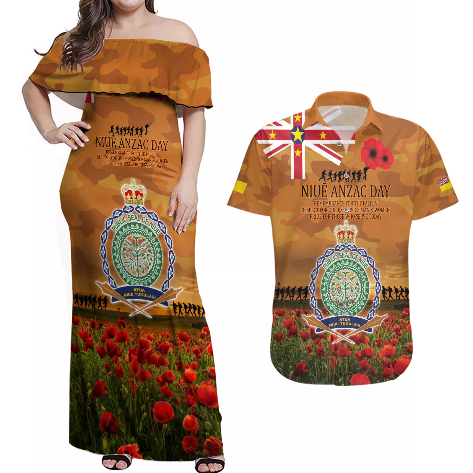 Niue ANZAC Day Personalised Couples Matching Off Shoulder Maxi Dress and Hawaiian Shirt with Poppy Field LT9 Art - Polynesian Pride