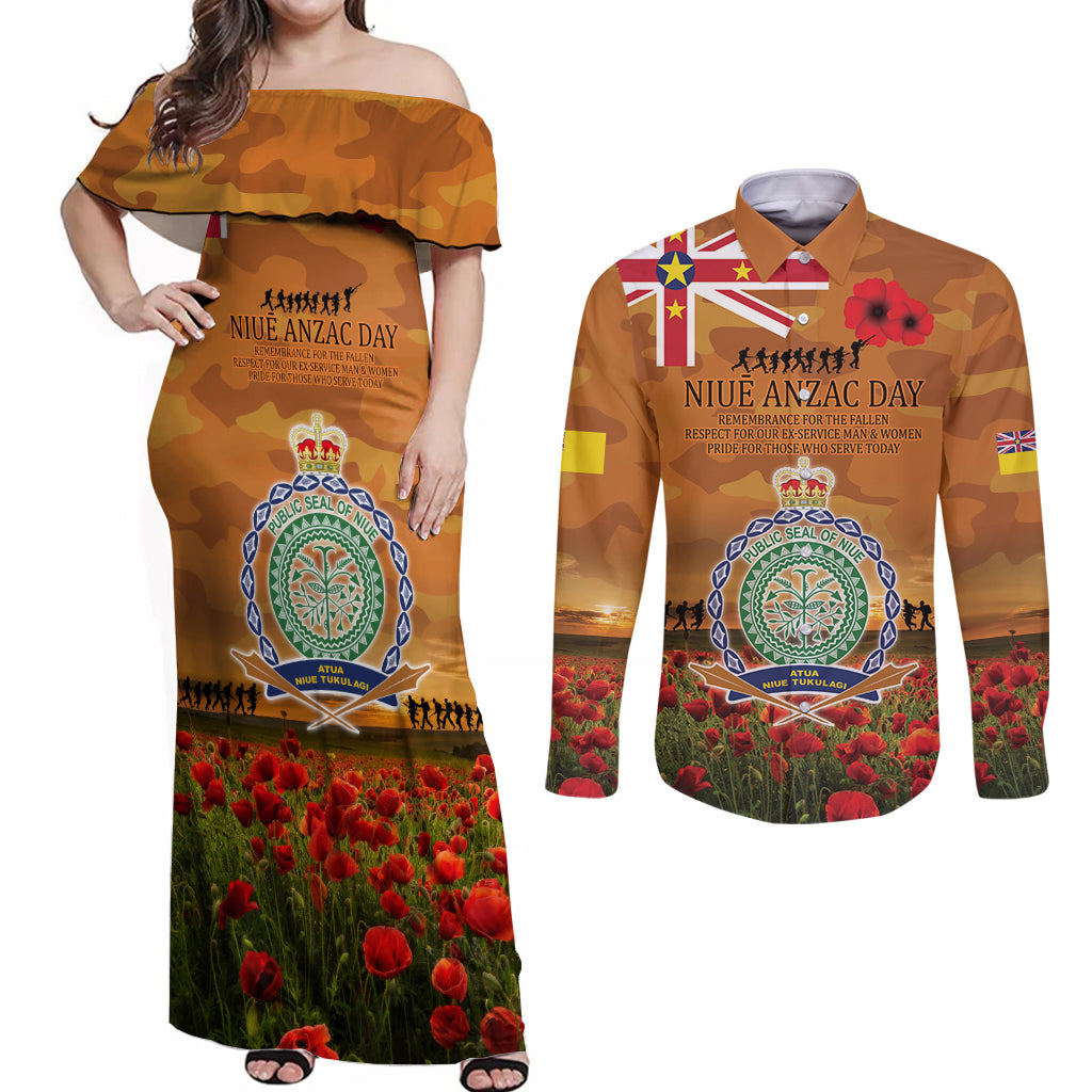 Niue ANZAC Day Personalised Couples Matching Off Shoulder Maxi Dress and Long Sleeve Button Shirt with Poppy Field LT9 Art - Polynesian Pride