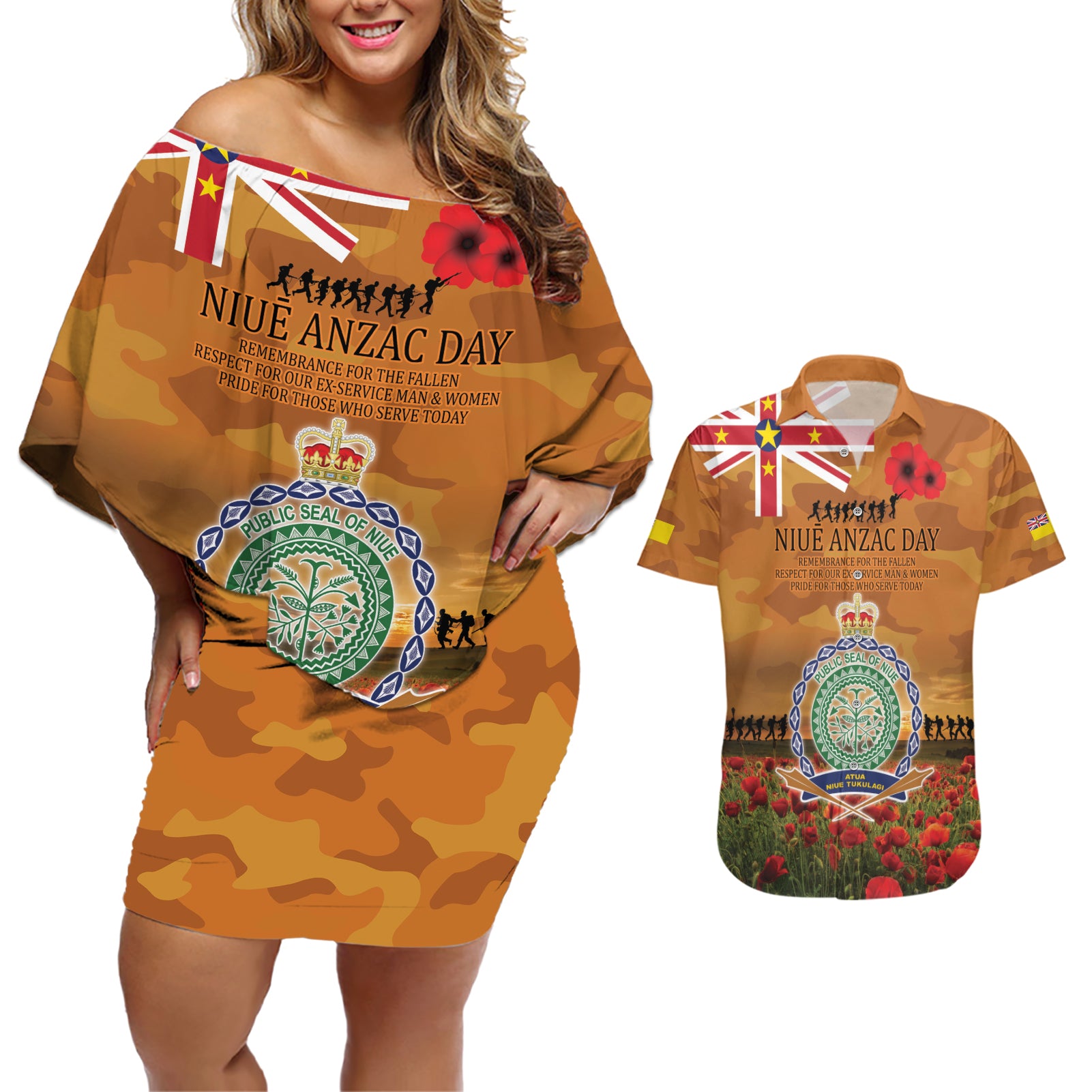 Niue ANZAC Day Personalised Couples Matching Off Shoulder Short Dress and Hawaiian Shirt with Poppy Field LT9 Art - Polynesian Pride
