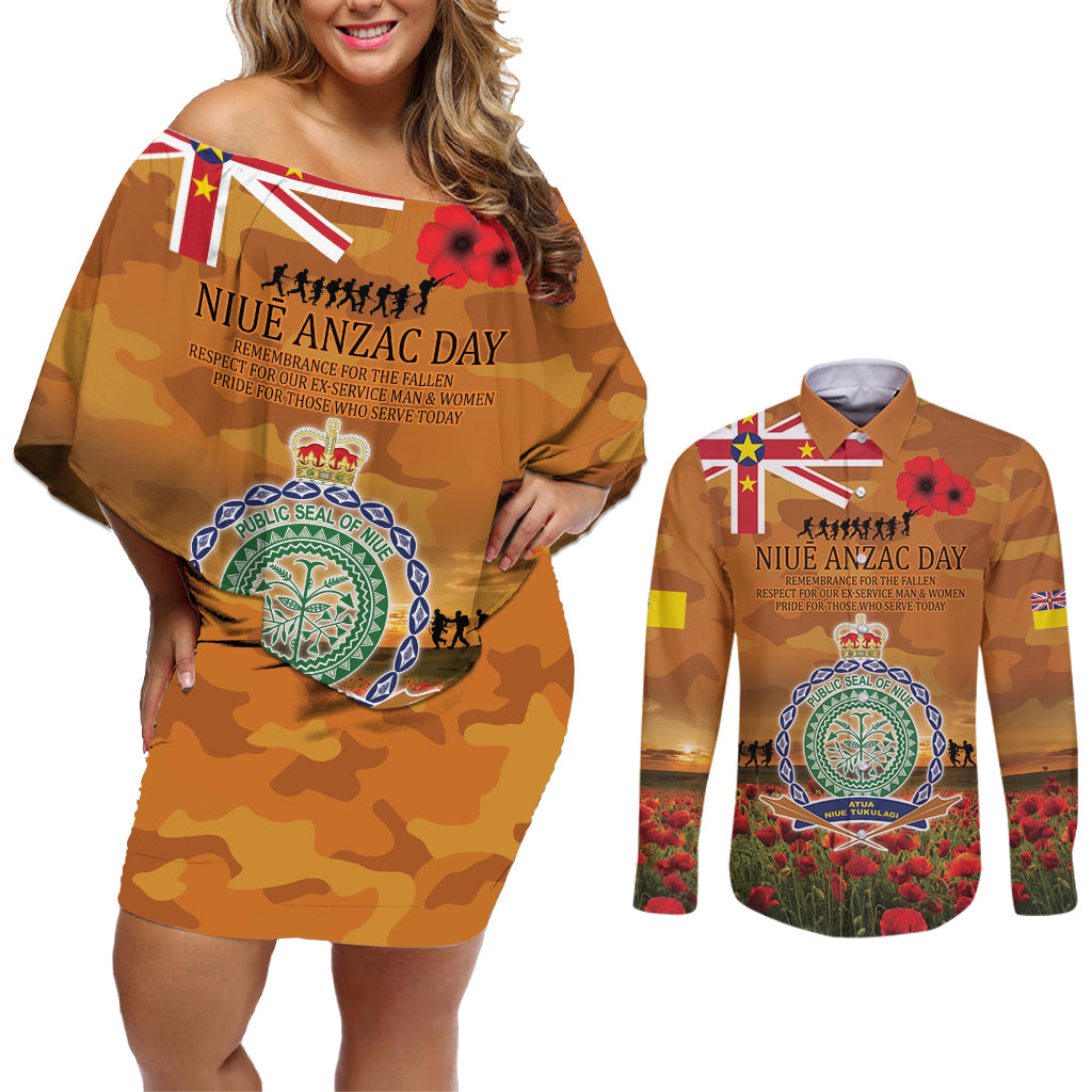 Niue ANZAC Day Personalised Couples Matching Off Shoulder Short Dress and Long Sleeve Button Shirt with Poppy Field LT9 Art - Polynesian Pride
