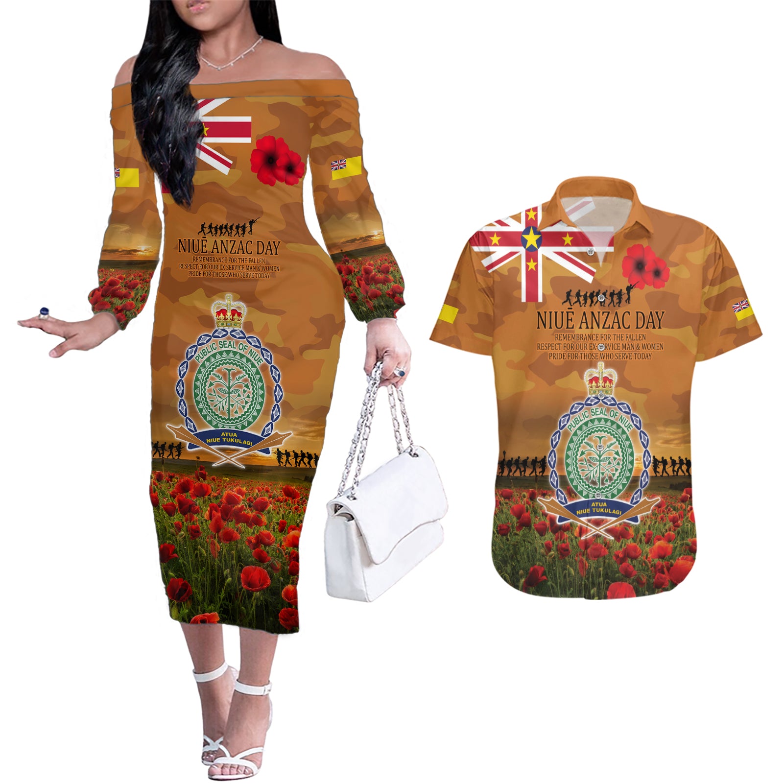 Niue ANZAC Day Personalised Couples Matching Off The Shoulder Long Sleeve Dress and Hawaiian Shirt with Poppy Field LT9 Art - Polynesian Pride