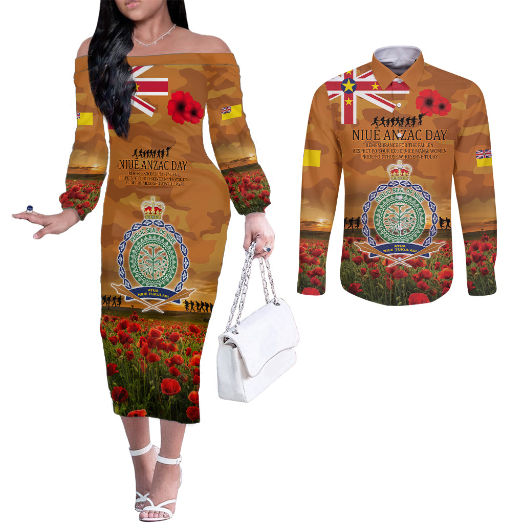 Niue ANZAC Day Personalised Couples Matching Off The Shoulder Long Sleeve Dress and Long Sleeve Button Shirt with Poppy Field LT9 Art - Polynesian Pride