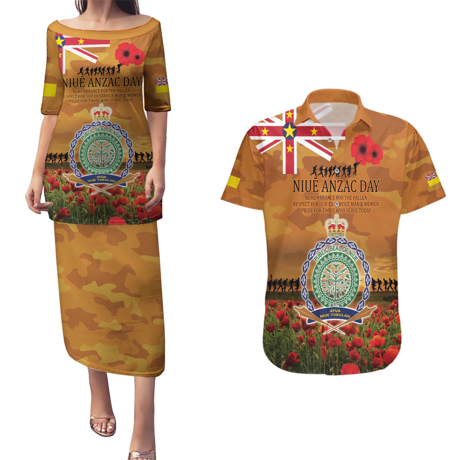Niue ANZAC Day Personalised Couples Matching Puletasi and Hawaiian Shirt with Poppy Field LT9 Art - Polynesian Pride