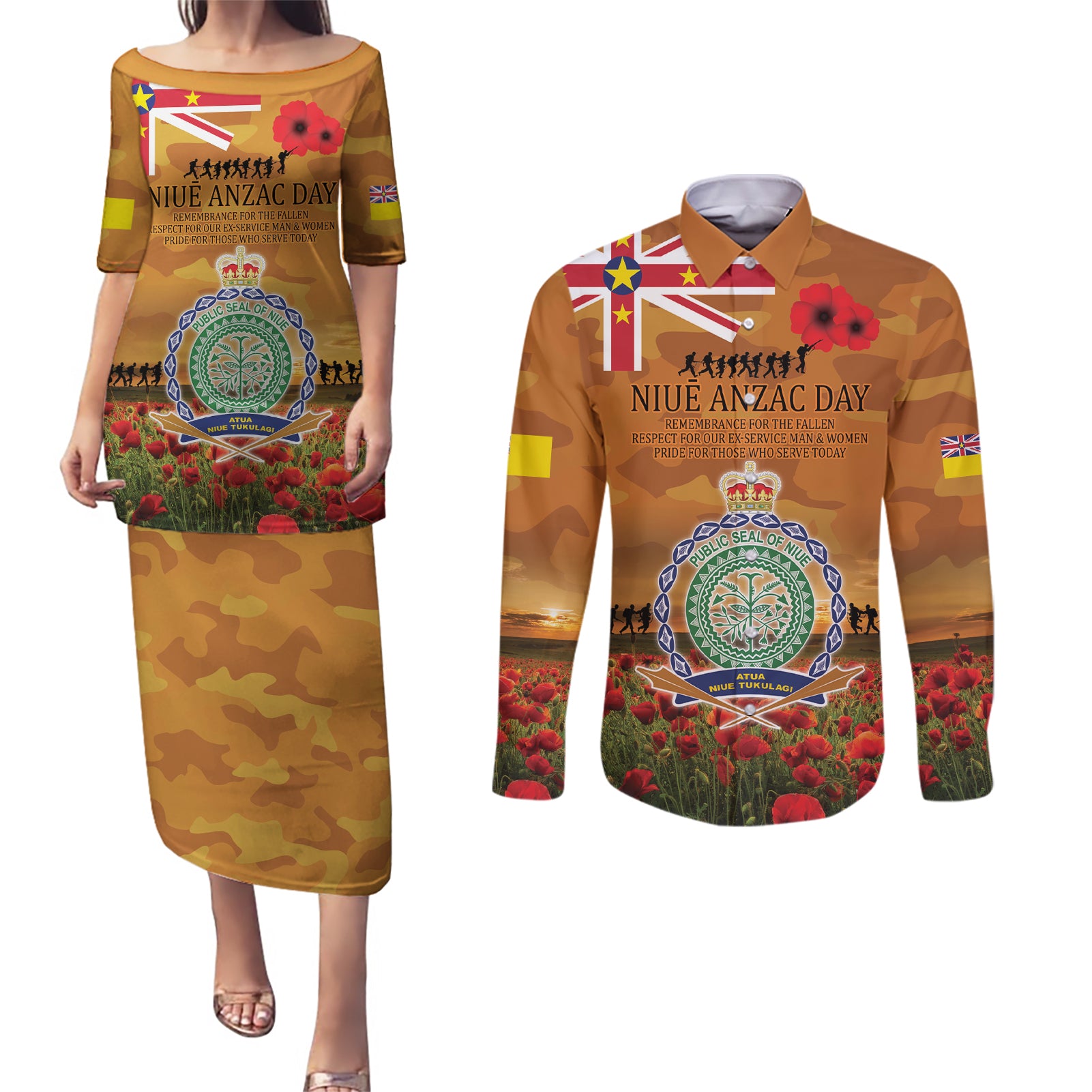 Niue ANZAC Day Personalised Couples Matching Puletasi and Long Sleeve Button Shirt with Poppy Field LT9 Art - Polynesian Pride