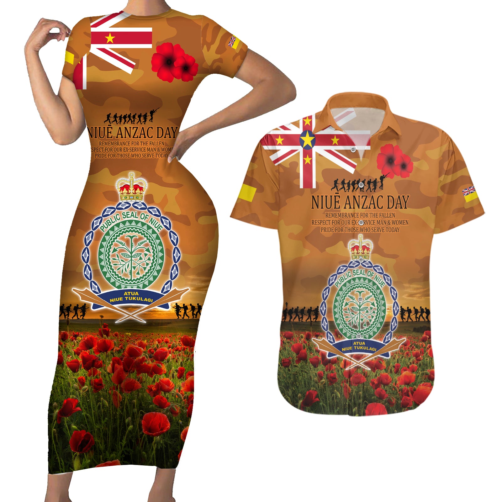 Niue ANZAC Day Personalised Couples Matching Short Sleeve Bodycon Dress and Hawaiian Shirt with Poppy Field LT9 Art - Polynesian Pride