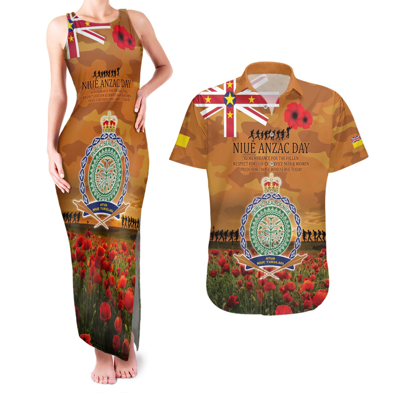 Niue ANZAC Day Personalised Couples Matching Tank Maxi Dress and Hawaiian Shirt with Poppy Field LT9 Art - Polynesian Pride