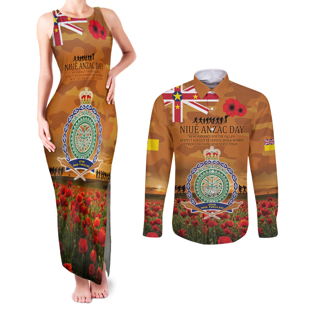 Niue ANZAC Day Personalised Couples Matching Tank Maxi Dress and Long Sleeve Button Shirt with Poppy Field LT9 Art - Polynesian Pride