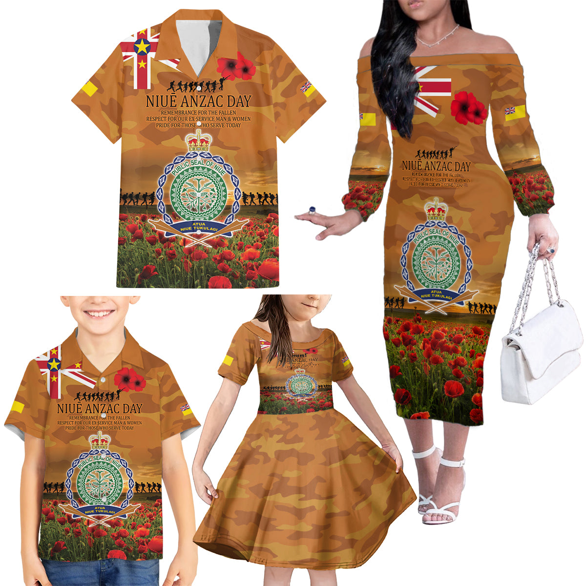 Niue ANZAC Day Personalised Family Matching Off Shoulder Long Sleeve Dress and Hawaiian Shirt with Poppy Field LT9 - Polynesian Pride