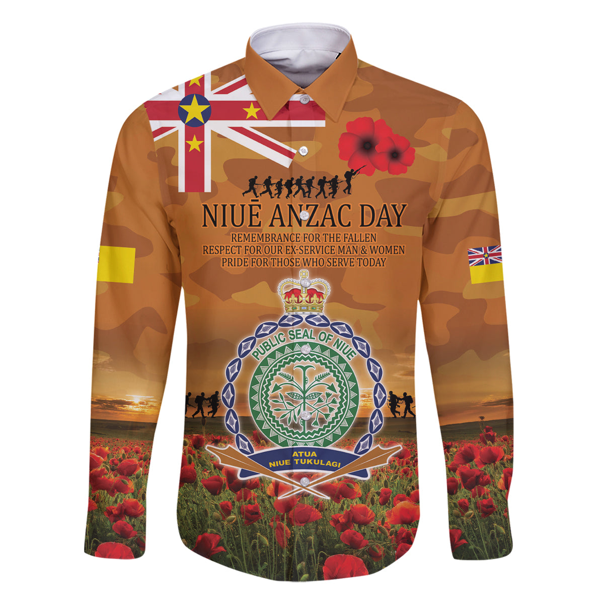 Niue ANZAC Day Personalised Family Matching Off Shoulder Long Sleeve Dress and Hawaiian Shirt with Poppy Field LT9 Dad's Shirt - Long Sleeve Art - Polynesian Pride