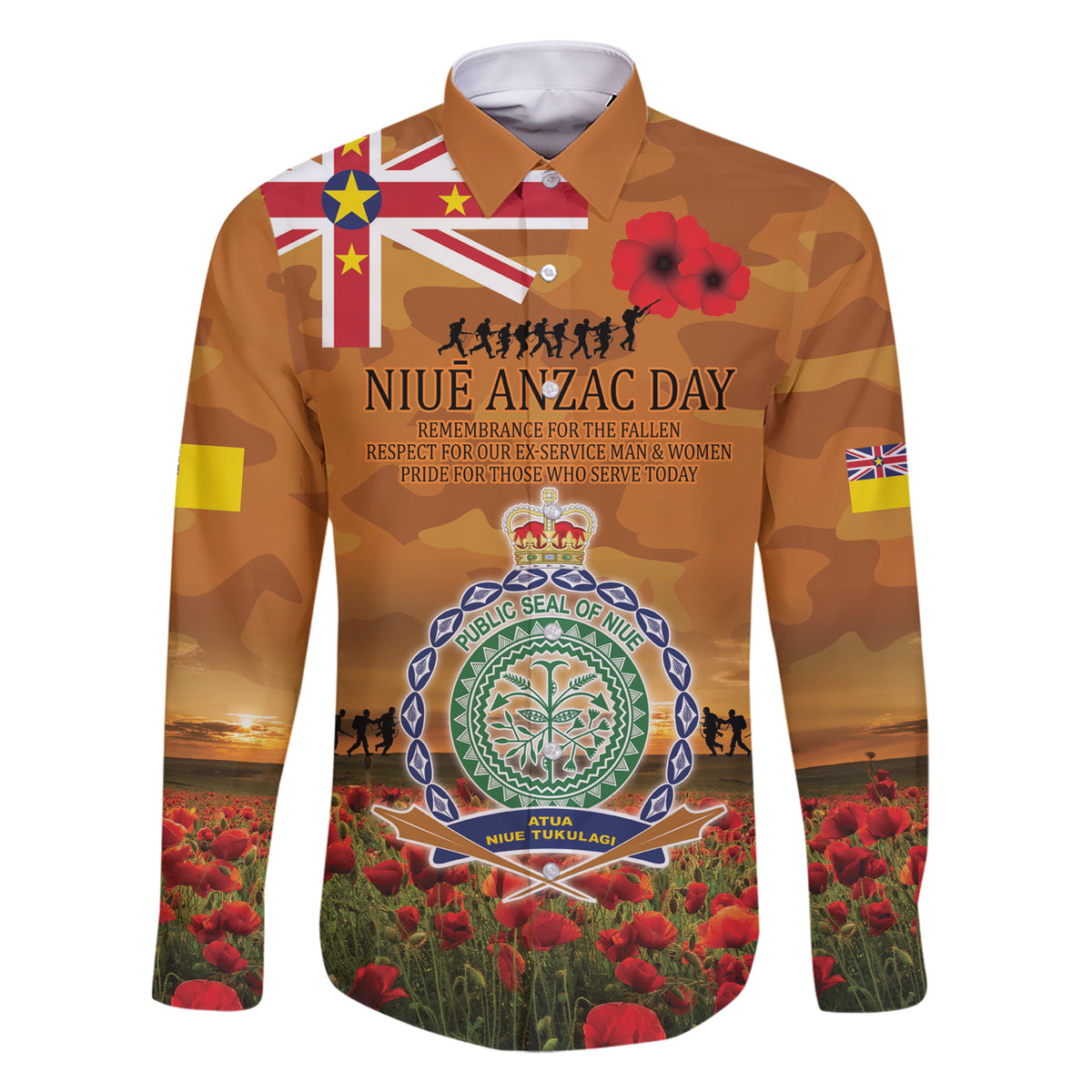 Niue ANZAC Day Personalised Family Matching Short Sleeve Bodycon Dress and Hawaiian Shirt with Poppy Field LT9 Dad's Shirt - Long Sleeve Art - Polynesian Pride