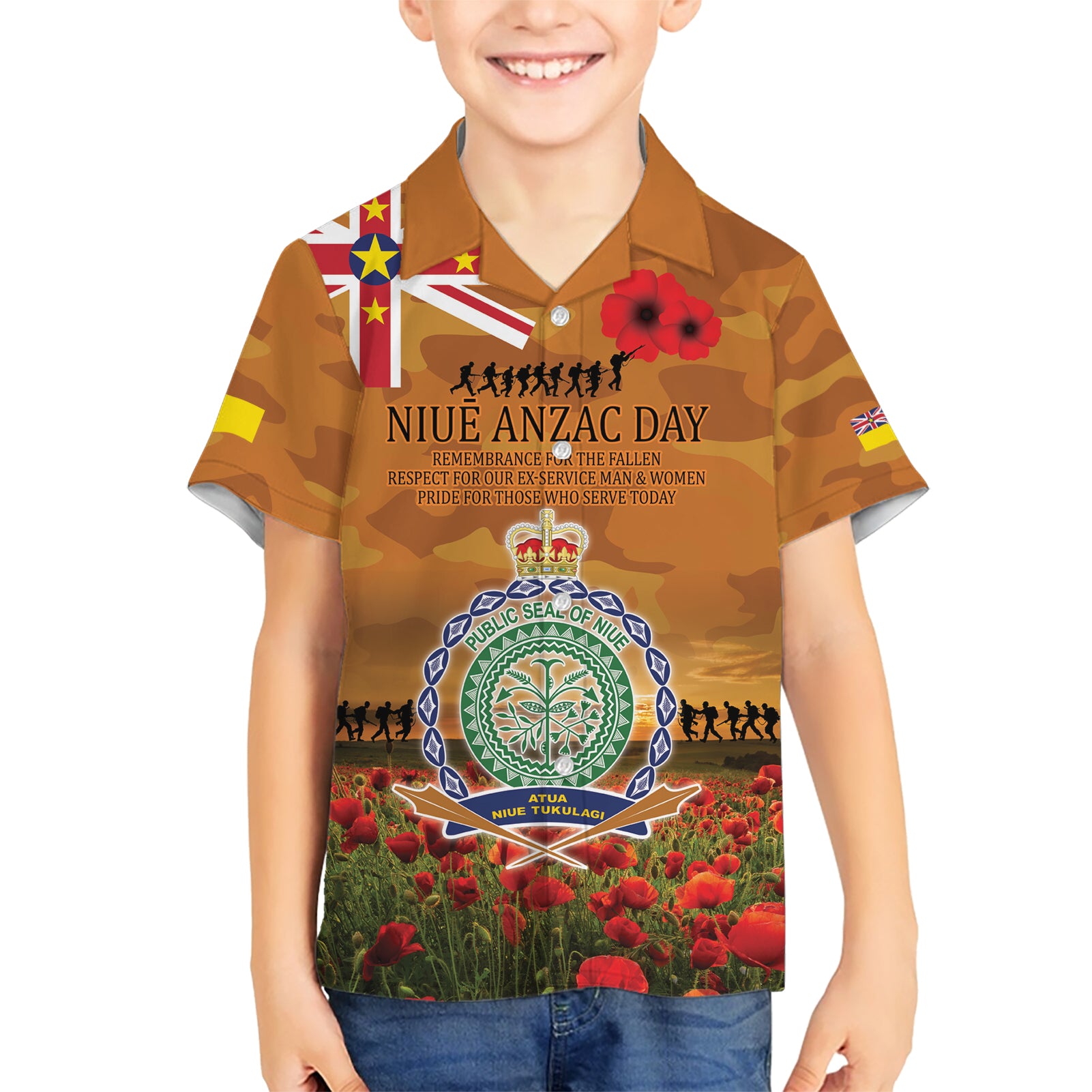 Niue ANZAC Day Personalised Kid Hawaiian Shirt with Poppy Field LT9 Kid Art - Polynesian Pride