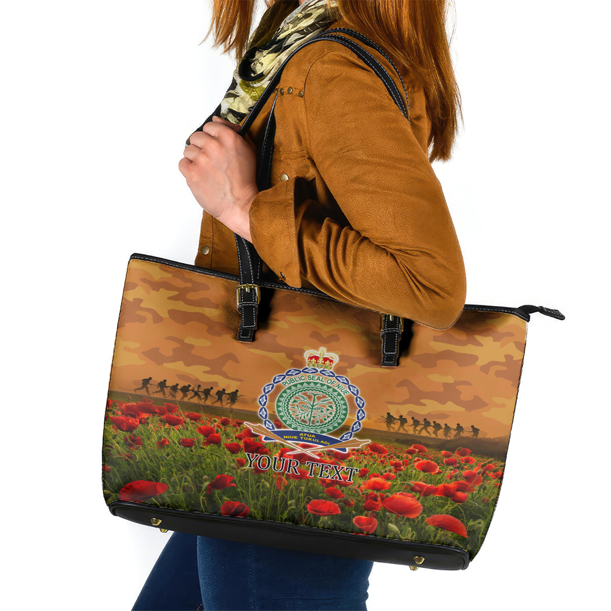 Niue ANZAC Day Personalised Leather Tote Bag with Poppy Field LT9 Art - Polynesian Pride