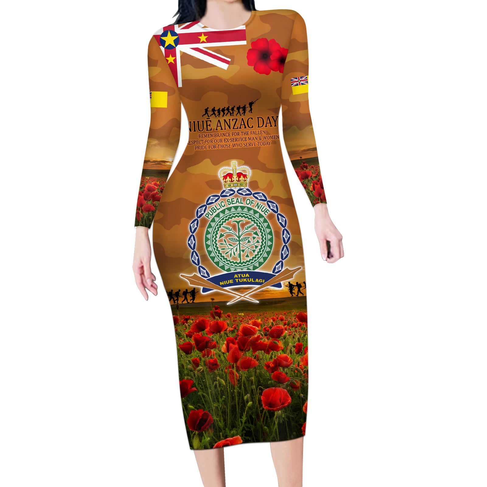 Niue ANZAC Day Personalised Long Sleeve Bodycon Dress with Poppy Field LT9 Long Dress Art - Polynesian Pride