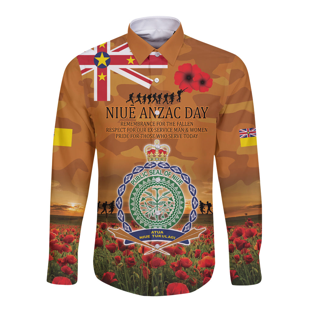 Niue ANZAC Day Personalised Long Sleeve Button Shirt with Poppy Field LT9 Unisex Art - Polynesian Pride