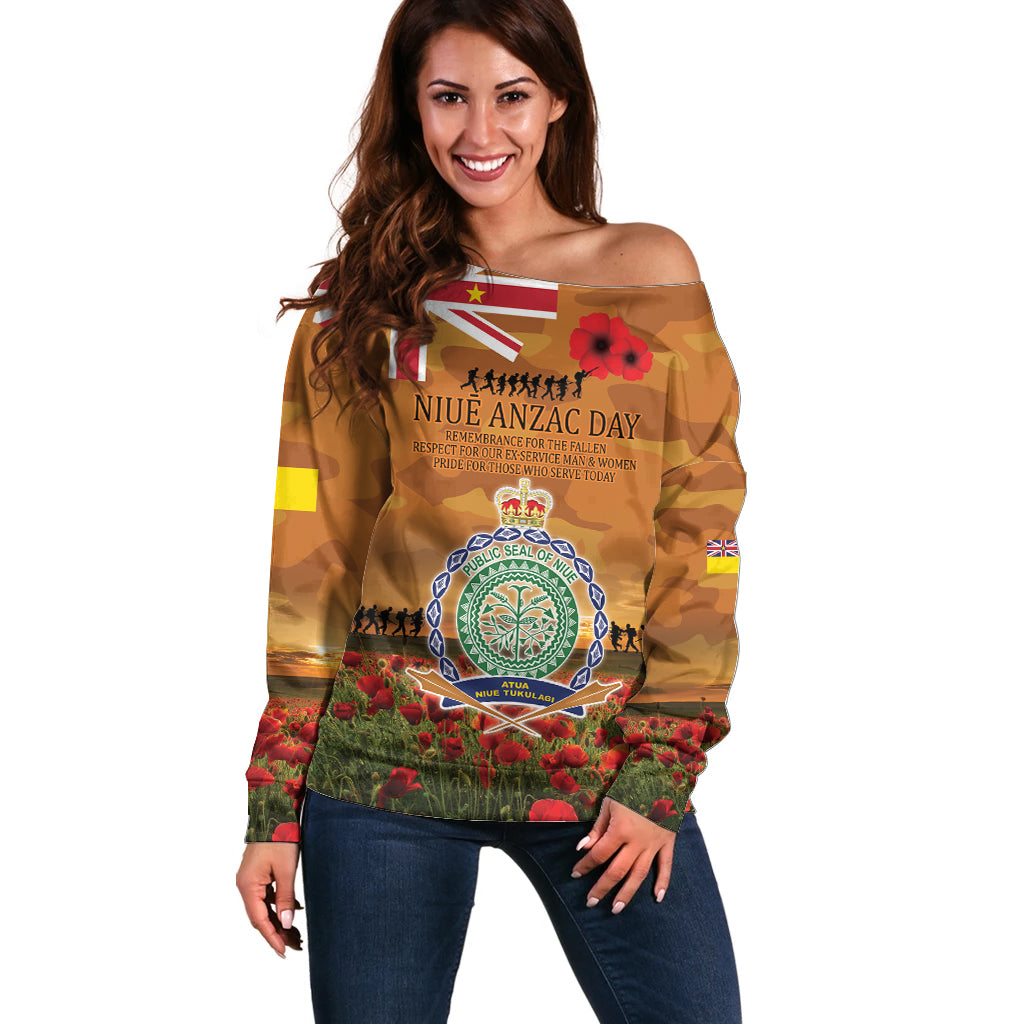 Niue ANZAC Day Personalised Off Shoulder Sweater with Poppy Field LT9 Women Art - Polynesian Pride