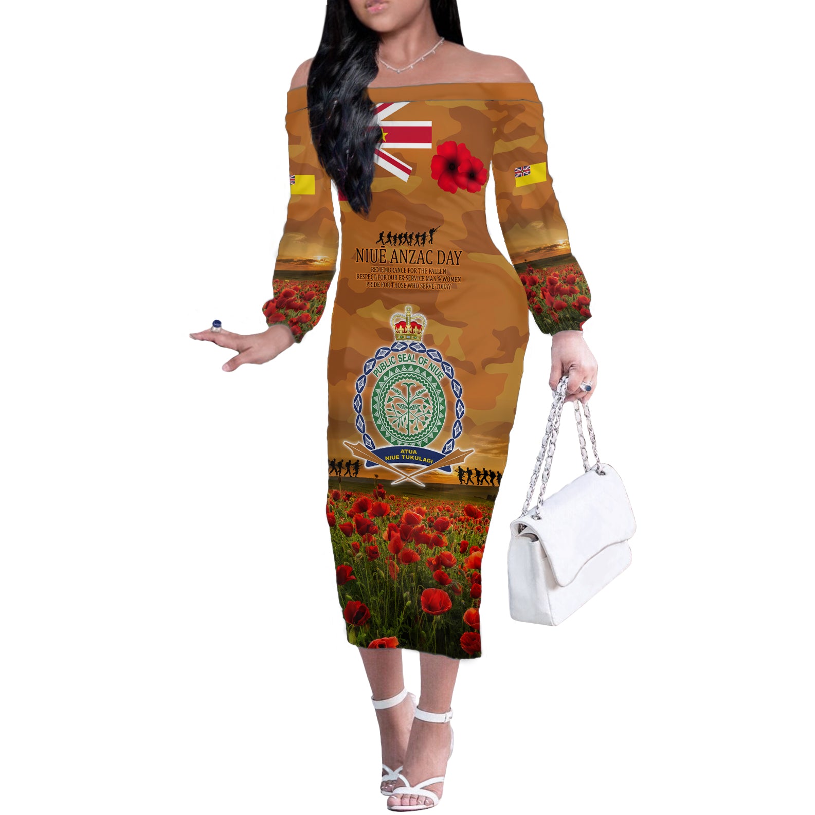 Niue ANZAC Day Personalised Off The Shoulder Long Sleeve Dress with Poppy Field LT9 Women Art - Polynesian Pride