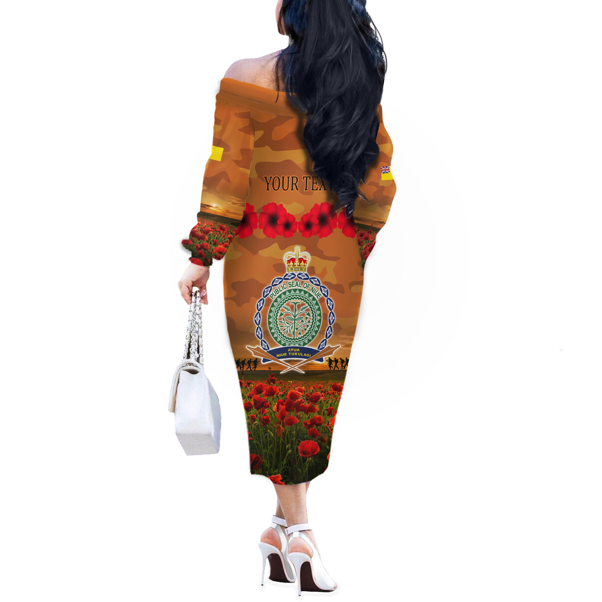 Niue ANZAC Day Personalised Off The Shoulder Long Sleeve Dress with Poppy Field LT9 - Polynesian Pride