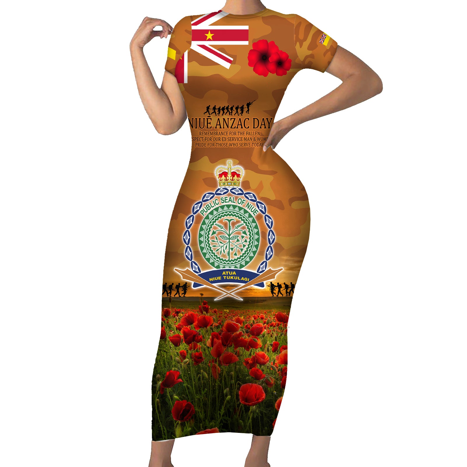 Niue ANZAC Day Personalised Short Sleeve Bodycon Dress with Poppy Field LT9 Long Dress Art - Polynesian Pride