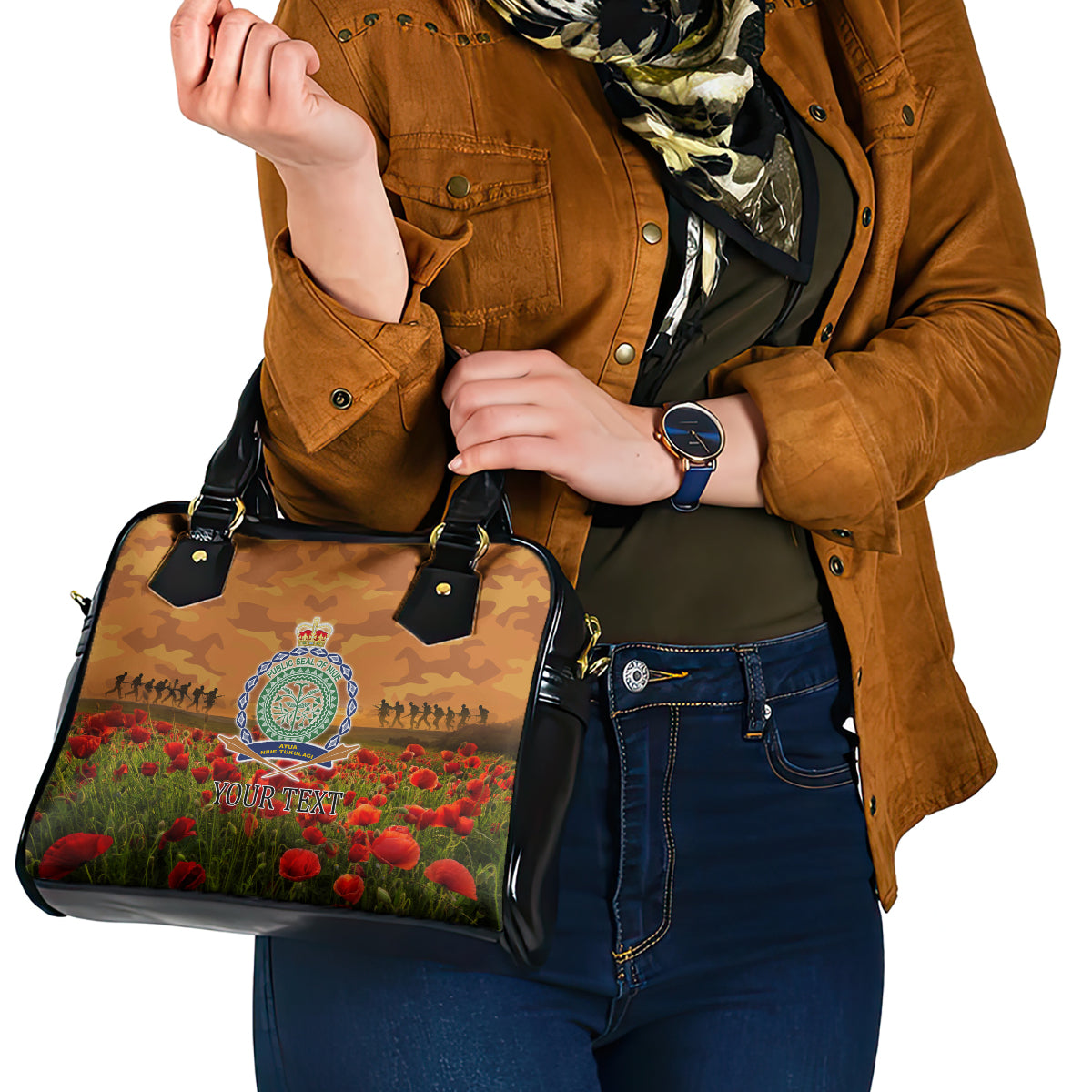 Niue ANZAC Day Personalised Shoulder Handbag with Poppy Field LT9 - Polynesian Pride