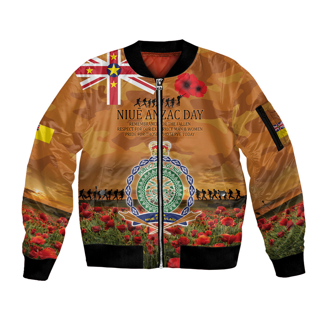 Niue ANZAC Day Personalised Sleeve Zip Bomber Jacket with Poppy Field LT9 Unisex Art - Polynesian Pride