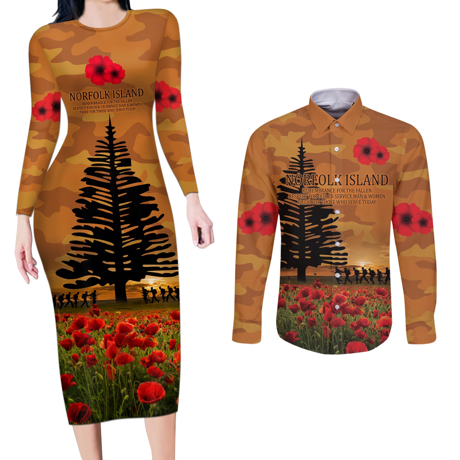 Norfolk Island ANZAC Day Personalised Couples Matching Long Sleeve Bodycon Dress and Long Sleeve Button Shirt with Poppy Field LT9 Art - Polynesian Pride