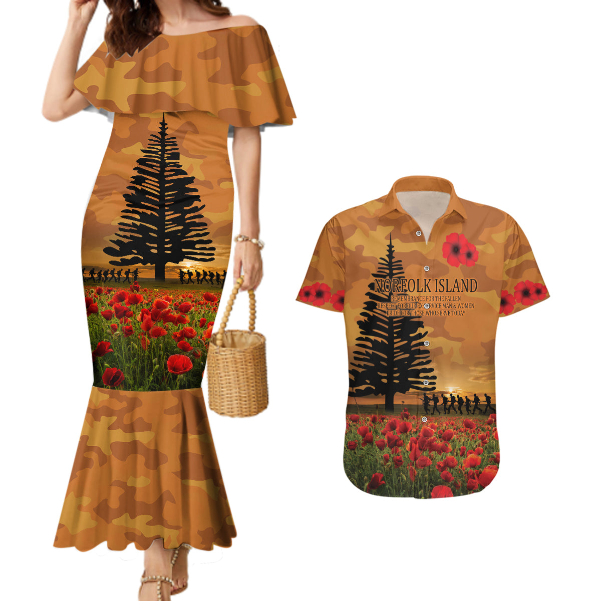 Norfolk Island ANZAC Day Personalised Couples Matching Mermaid Dress and Hawaiian Shirt with Poppy Field LT9 Art - Polynesian Pride