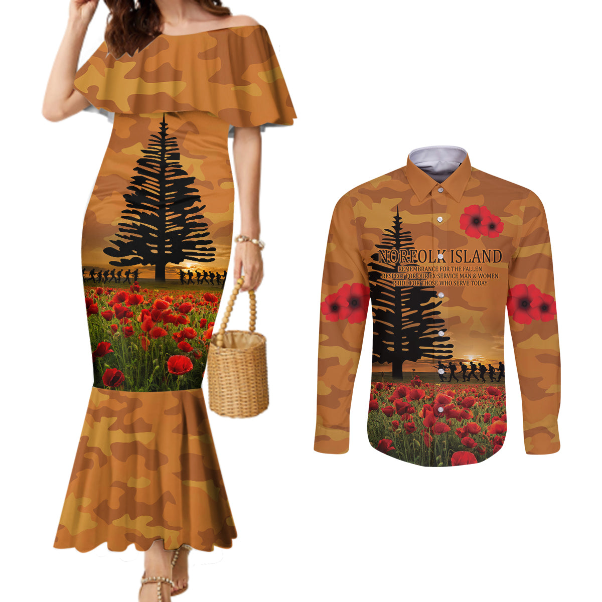 Norfolk Island ANZAC Day Personalised Couples Matching Mermaid Dress and Long Sleeve Button Shirt with Poppy Field LT9 Art - Polynesian Pride