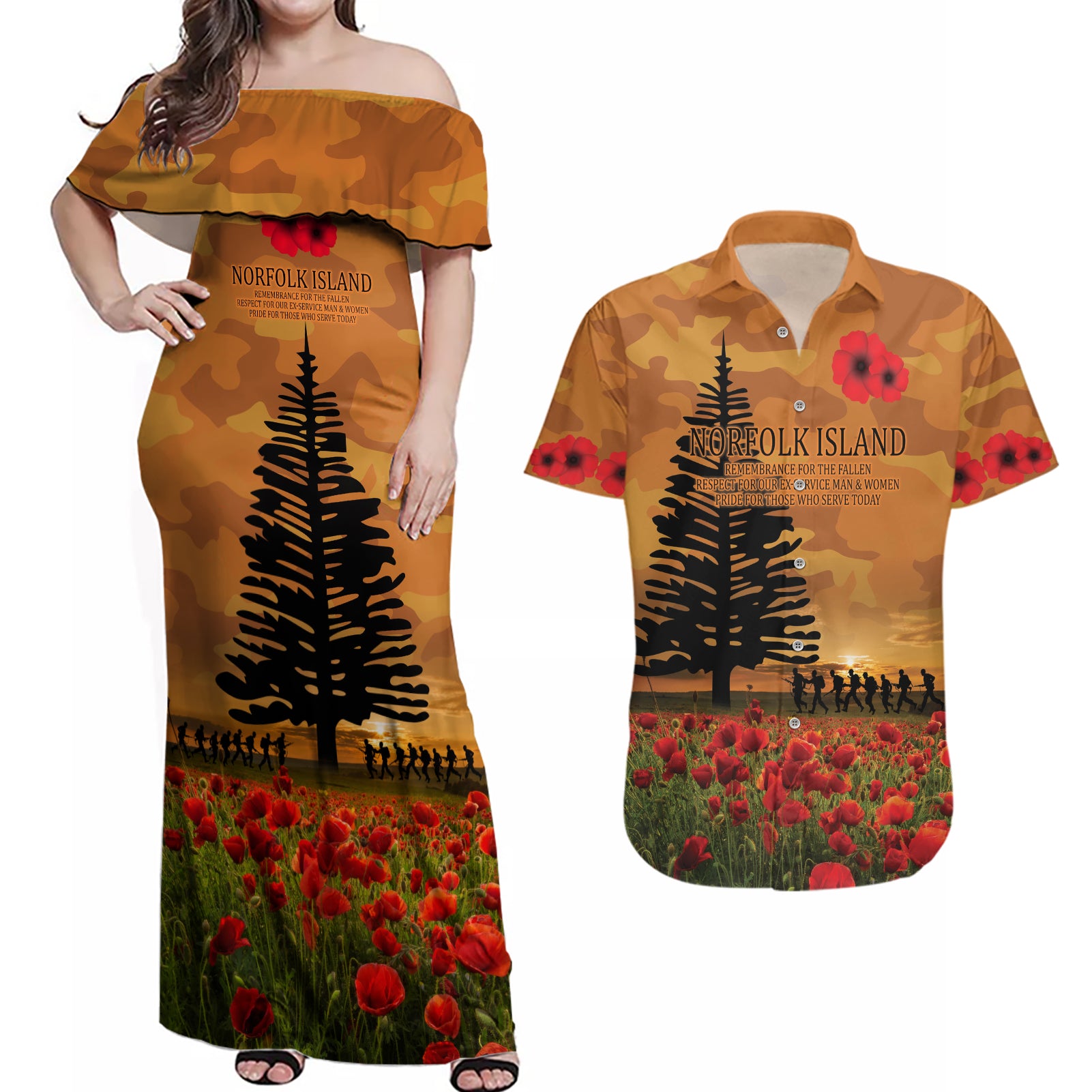Norfolk Island ANZAC Day Personalised Couples Matching Off Shoulder Maxi Dress and Hawaiian Shirt with Poppy Field LT9 Art - Polynesian Pride