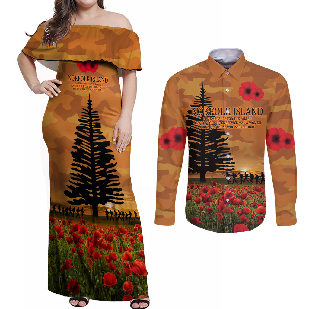 Norfolk Island ANZAC Day Personalised Couples Matching Off Shoulder Maxi Dress and Long Sleeve Button Shirt with Poppy Field LT9 Art - Polynesian Pride