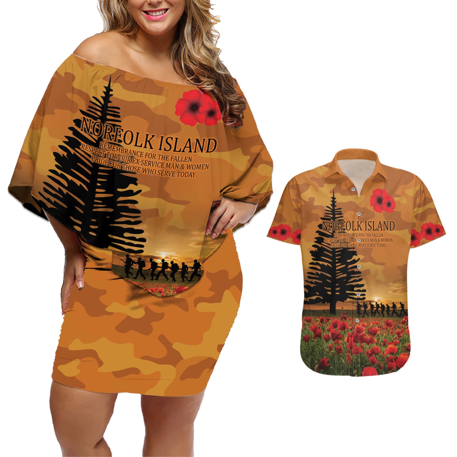 Norfolk Island ANZAC Day Personalised Couples Matching Off Shoulder Short Dress and Hawaiian Shirt with Poppy Field LT9 Art - Polynesian Pride