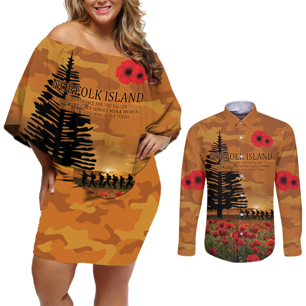 Norfolk Island ANZAC Day Personalised Couples Matching Off Shoulder Short Dress and Long Sleeve Button Shirt with Poppy Field LT9 Art - Polynesian Pride