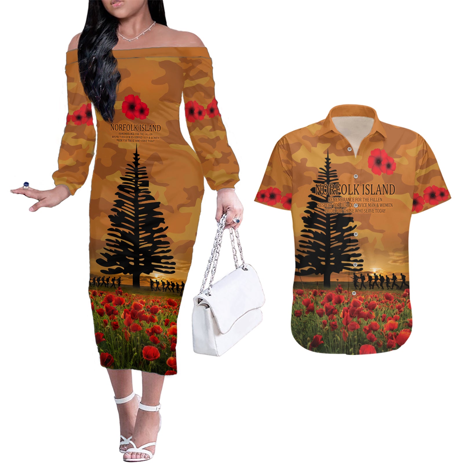 Norfolk Island ANZAC Day Personalised Couples Matching Off The Shoulder Long Sleeve Dress and Hawaiian Shirt with Poppy Field LT9 Art - Polynesian Pride