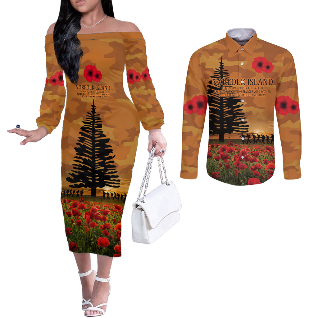 Norfolk Island ANZAC Day Personalised Couples Matching Off The Shoulder Long Sleeve Dress and Long Sleeve Button Shirt with Poppy Field LT9 Art - Polynesian Pride