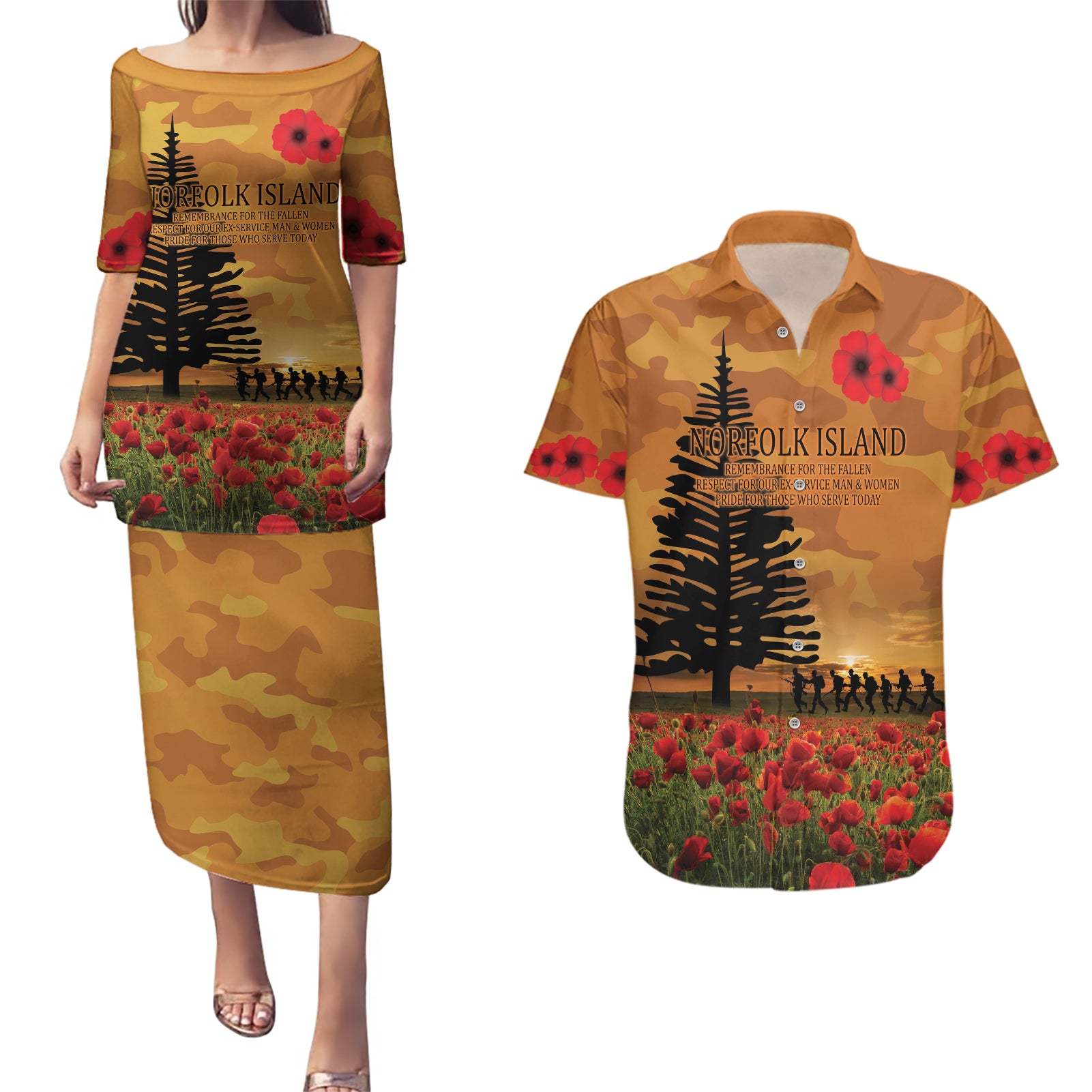 Norfolk Island ANZAC Day Personalised Couples Matching Puletasi and Hawaiian Shirt with Poppy Field LT9 Art - Polynesian Pride